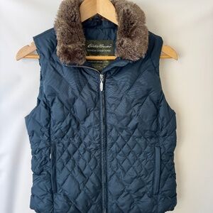 Eddie Bauer Premium Goose Down Women's Petite S Faux Removable Fur Puffer Vest